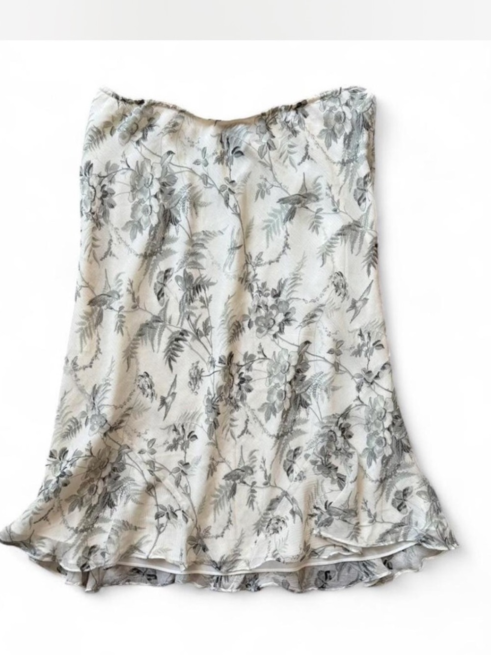 Express silk Floral bird Midi Skirt Flowy Elastic Waist Size Medium Cottagecore